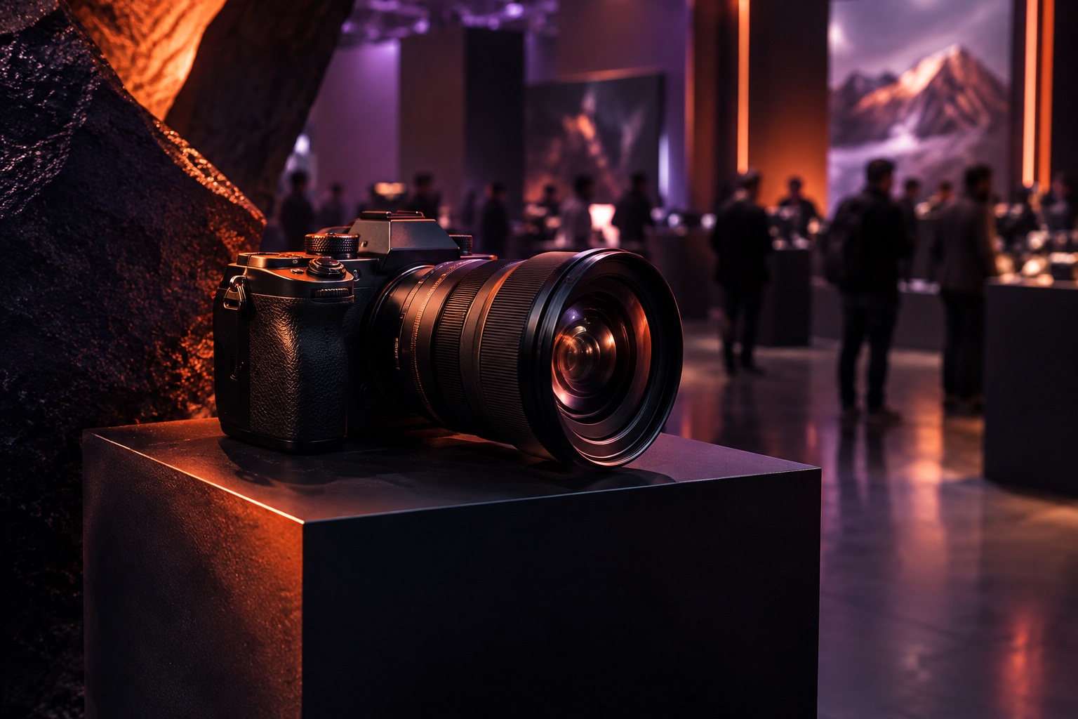 Contemporary camera displayed on a plinth at a photography event