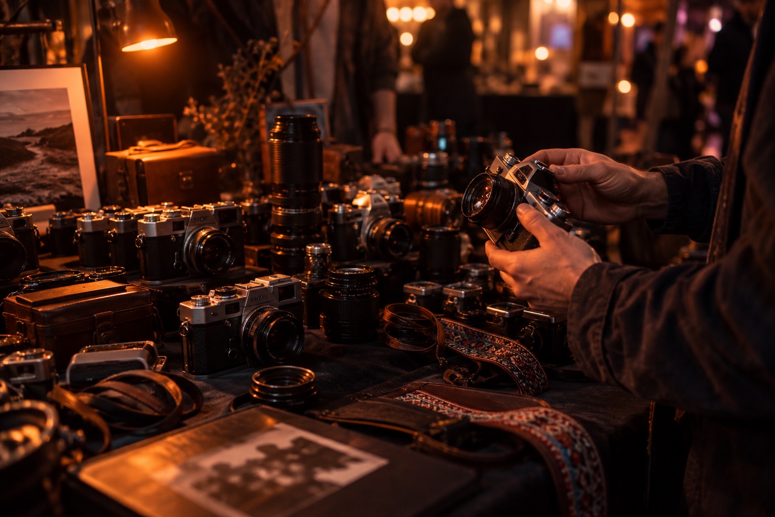 Second-hand cameras and lenses displayed at a photography market